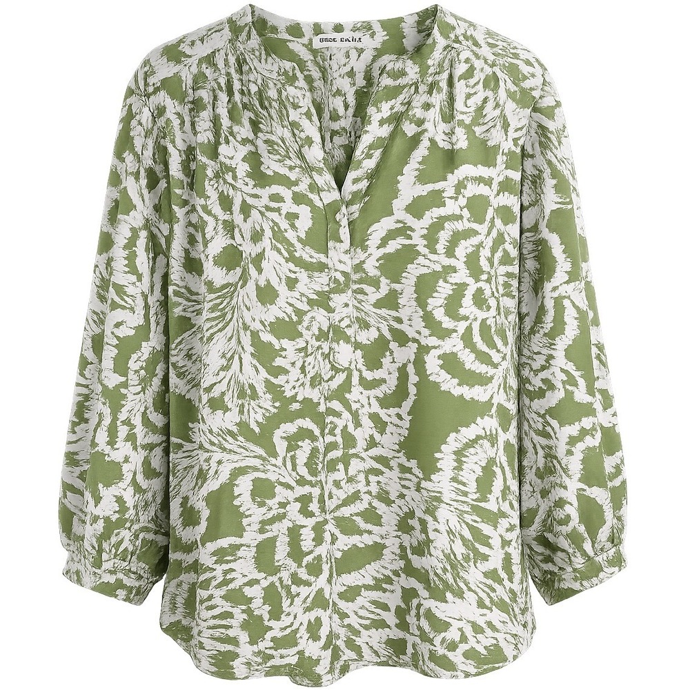 Rose + Olive Green White Floral Print Split Neck Blouse 3/4 Sleeve Women's XL